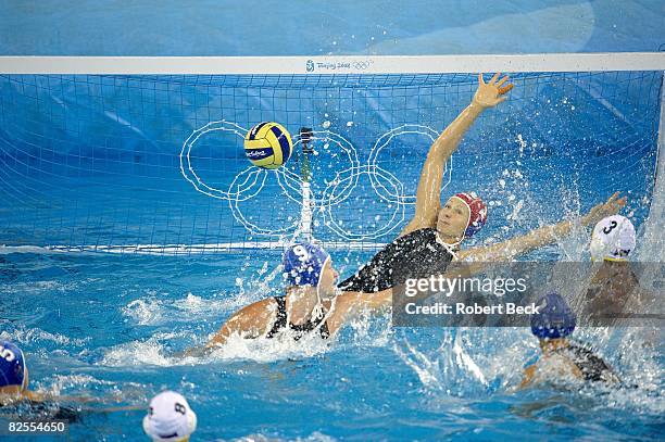 Summer Olympics: Hungary goalie Patricia Horvath in action, yielding goal vs Australia during Women's Bronze Medal Match at Yingdong Natatorium....