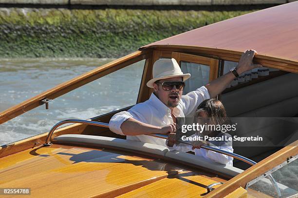 Brad Pitt and adopted son Pax Thien Jolie-Pitt take a water boat from Marco Polo Airport in Venice ahead of the 65th Venice Film Festival on August...