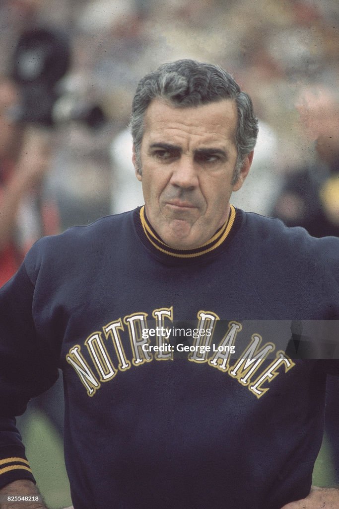Closeup of Notre Dame coach Ara Parseghian during game vs USC at Los Closeup of Notre Dame coach Ara Parseghian during game vs USC at Los