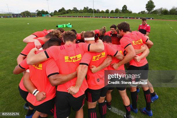 The Harlequins Forwards form a huddle during a training session at the Adi-Dassler Stadion on August 2, 2017 in Herzogenaurach, Germany.