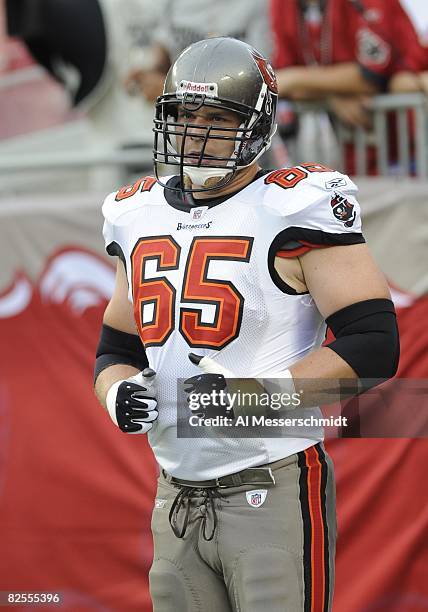 Tackle Jeremy Trueblood of the Tampa Bay Buccaneers warms up against the Jacksonville Jaguars at Raymond James Stadium on August 23, 2008 in Tampa,...