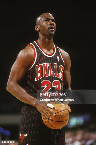 Michael Jordan of the Chicago Bulls takes a foul shot during a NBA basketball game against the Washington Bullets at USAir Arena on February 1, 1996...