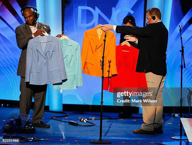 Wardrobe pieces are checked against stage lighting before the start of day two of the Democratic National Convention at the Pepsi Center August 26,...
