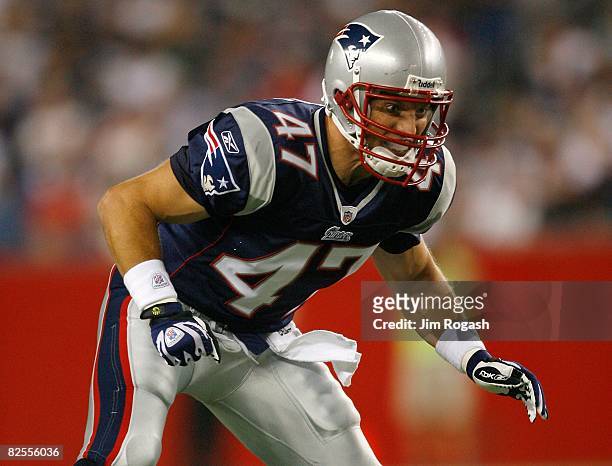 John Lynch of the New England Patriots guards the line against the Philadelphia Eagles during preseason action at Gillette Stadium on August 22, 2008...