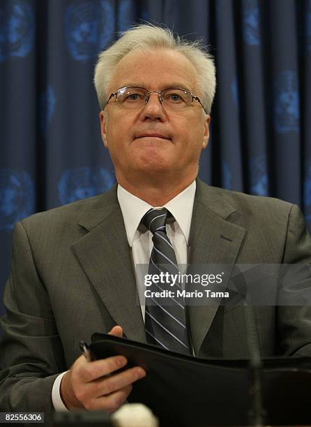 Vitaly Churkin, Russian ambassador to the United Nations, speaks at a news conference on the situation in Georgia at UN headquarters August 26, 2008...