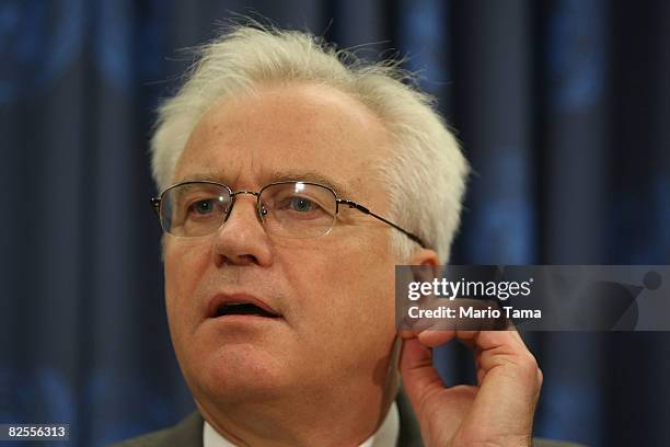 Vitaly Churkin, Russian ambassador to the United Nations, speaks at a news conference on the situation in Georgia at UN headquarters August 26, 2008...