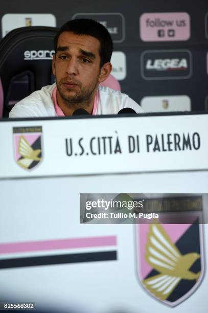 Giuseppe Bellusci answers questions during his presentation as new player of US Citta' di Palermo at Carmelo Onorato training session on August 2,...