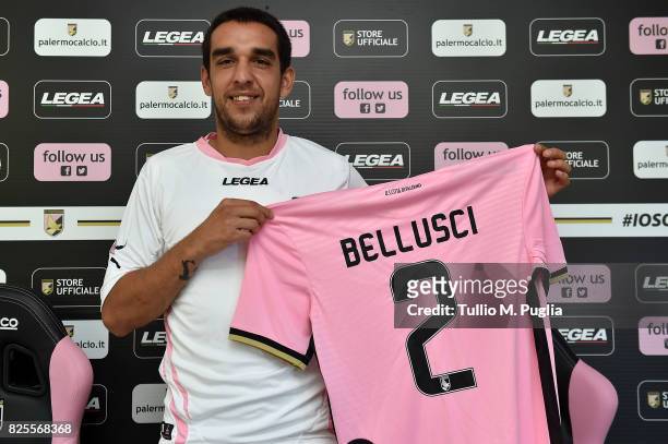 Giuseppe Bellusci poses during his presentation as new player of US Citta' di Palermo at Carmelo Onorato training session on August 2, 2017 in...