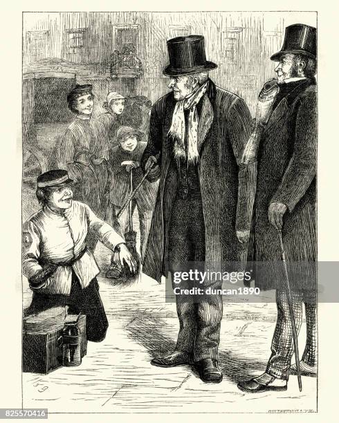 victorian shoeshine boy offering to polish a mans shoes, 1870 - shoe polish stock illustrations