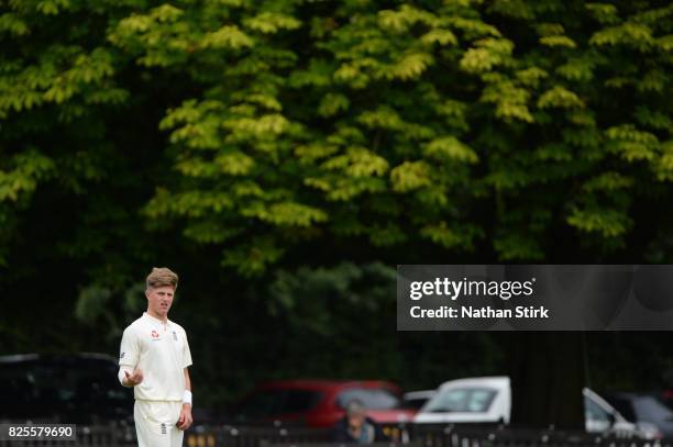 Jack Blatherwick of England U19's looks on during day three of the Second Under 19s Youth Test Series between England and India at New Road on August...