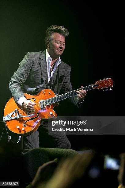 Brian Setzer plays live with his band the Stray Cats at the Paradiso on August 25, 2008 in Amsterdam. The Netherlands.