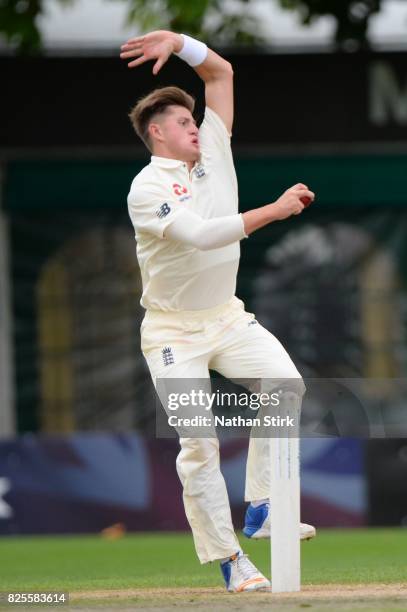England bowler Jack Blatherwick in action during day three of the Second Under 19s Youth Test Series between England and India at New Road on August...