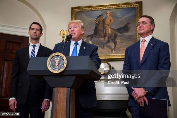 President Donald Trump makes an announcement on the introduction of the Reforming American Immigration for a Strong Economy Act with Sen. Tom Cotton...