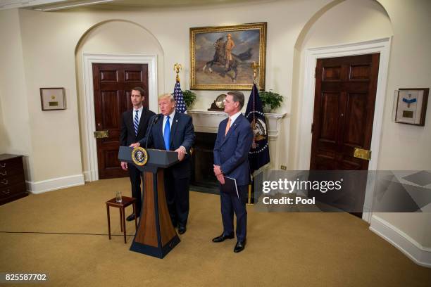 President Donald Trump makes an announcement on the introduction of the Reforming American Immigration for a Strong Economy Act with Sen. Tom Cotton...