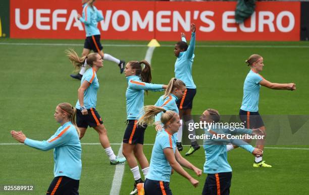 The Netherlands' women football team attend a training session at FC Twente stadium in Enschede, on August 2, 2017 on the eve of the UEFA Women's...