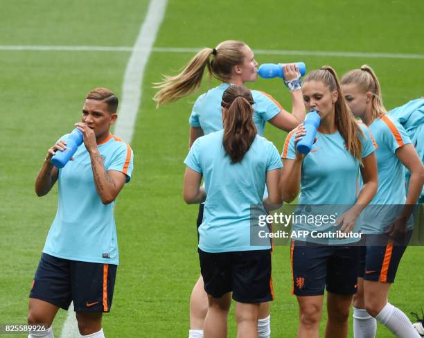 The Netherlands' women football team attend a training session at FC Twente stadium in Enschede, on August 2, 2017 on the eve of the UEFA Women's...