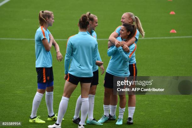 The Netherlands' women football team attend a training session at FC Twente stadium in Enschede, on August 2, 2017 on the eve of the UEFA Women's...