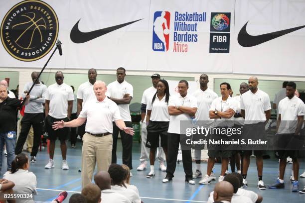 General Martin Dempsey speaks during the Jr. NBA Special Olympics clinic as part of Basketball Without Borders Africa at the American International...