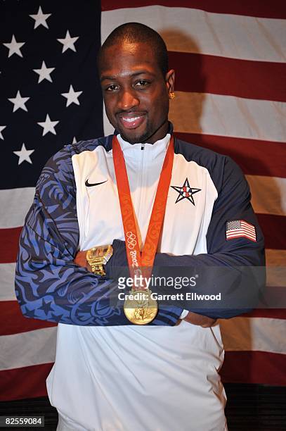 Dwyane Wade of the U.S. Men's Senior National Team poses for a portrait after winning the men's gold medal basketball game at the 2008 Beijing...