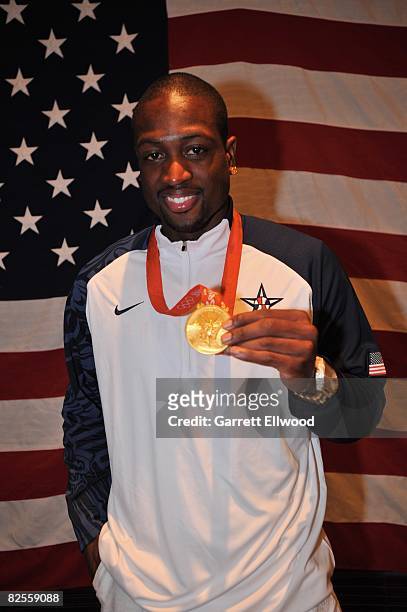 Dwyane Wade of the U.S. Men's Senior National Team poses for a portrait after winning the men's gold medal basketball game at the 2008 Beijing...