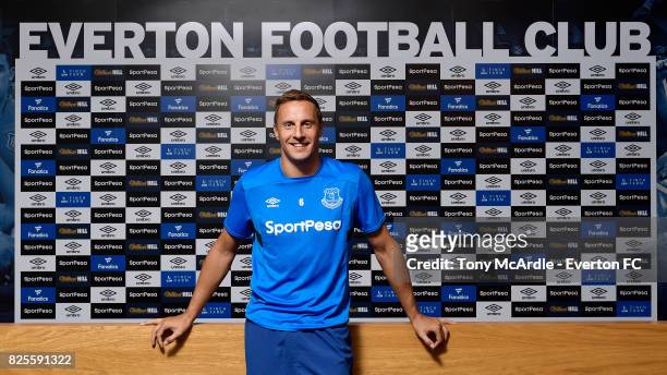 Phil Jagielka of Everton poses for a photo after he signs a new contract at USM Finch Farm on August 2, 2017 in Liverpool, England.
