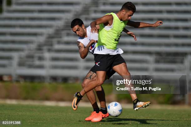 Giuseppe Bellusci Chhallenges Simone Lo Faso during a training session after his presentation as new player of US Citta' di Palermo at Carmelo...