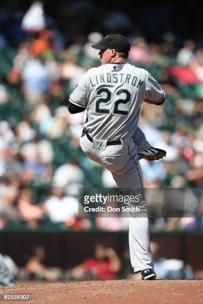 Matt Lindstrom of the Florida Marlins pitches during the game against the San Francisco Giants at AT&T Park in San Francisco, California on August...