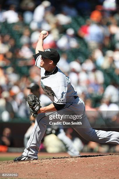 Matt Lindstrom of the Florida Marlins pitches during the game against the San Francisco Giants at AT&T Park in San Francisco, California on August...