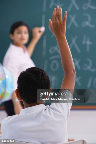 boy raises hand (back view) - queridinho do professor - fotografias e filmes do acervo