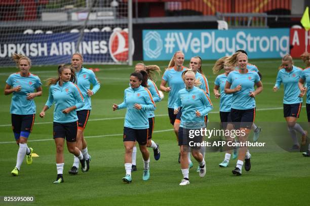 Netherlands' women football team attend a training session at FC Twente stadium in Enschede, on August 2, 2017 on the eve of the UEFA Women's Euro...