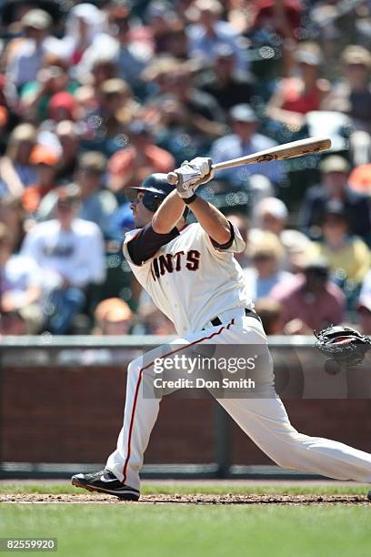 Ryan Rohlinger of the San Francisco Giants bats during the game against the Florida Marlins at AT&T Park in San Francisco, California on August 21,...