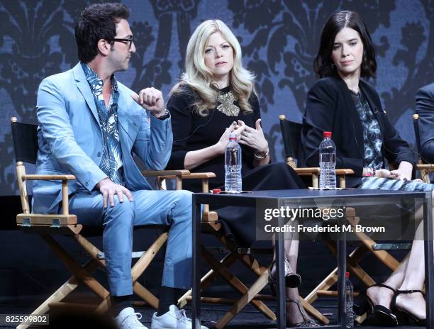 Executive producers Josh Schwartz, Stephanie Savage, and Sallie Patrick of 'Dynasty' speak onstage during the CW portion of the 2017 Summer...