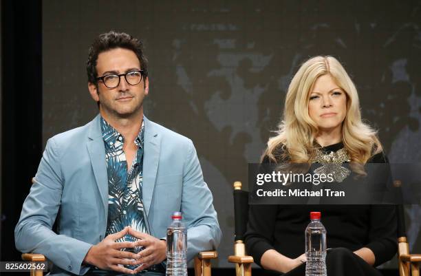 Josh Schwartz and Stephanie Savage of 'Dynasty' speak onstage during the 2017 Summer TCA Tour - CW Panels held at The Beverly Hilton Hotel on August...