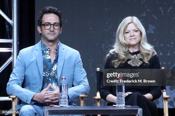 Executive producers Josh Schwartz and Stephanie Savage of 'Dynasty' speak onstage during the CW portion of the 2017 Summer Television Critics...