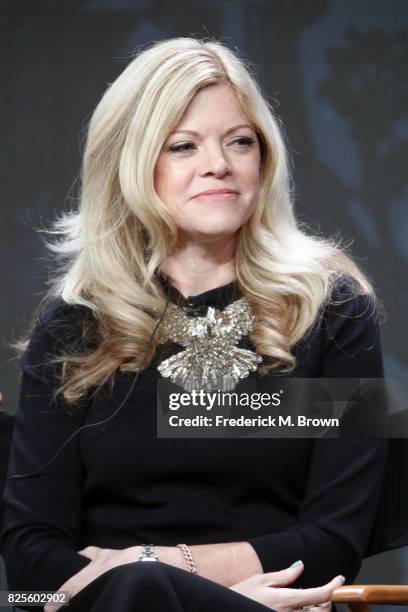 Executive producer Stephanie Savage of 'Dynasty' speaks onstage during the CW portion of the 2017 Summer Television Critics Association Press Tour at...