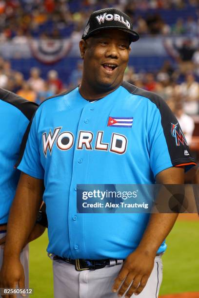 Coach Livan Hernandez of the World Team looks on during player introductions prior to the SirusXM All-Star Futures Game at Marlins Park on Sunday,...