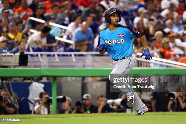 Francisco Meija of the World Team scores a run during the SirusXM All-Star Futures Game at Marlins Park on Sunday, July 9, 2017 in Miami, Florida.