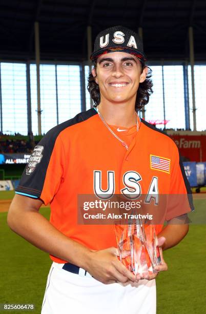 Brent Honeywell of Team USA receives the SirusXM All-Star Futures Game MVP at Marlins Park on Sunday, July 9, 2017 in Miami, Florida.