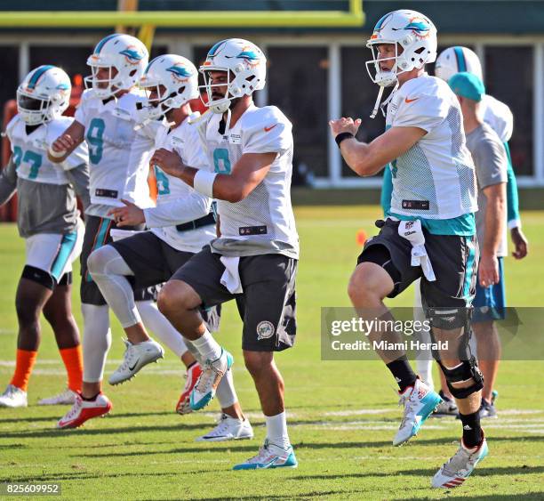 Miami Dolphins quarterback Ryan Tannehill warms up with the squad during training camp at the Miami Dolphins training facility on Tuesday, Aug. 2,...