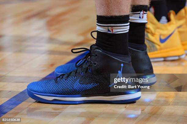 The shoes of Matt Costello of the Minnesota Timberwolves in a game against the Golden State Warriors on July 11, 2017 at the Thomas & Mack Center in...