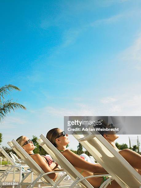 three ladies relaxing in the sun  - sunbed stock pictures, royalty-free photos & images