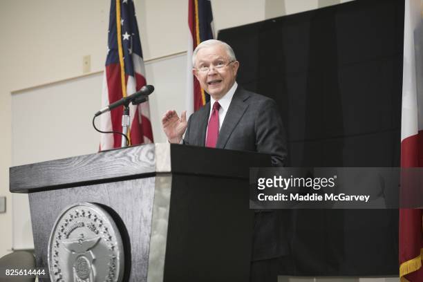 Attorney General Jeff Sessions talks about the opioid epidemic at The Columbus Police Academy on August 2, 2017 in Columbus, Ohio. Since taking...