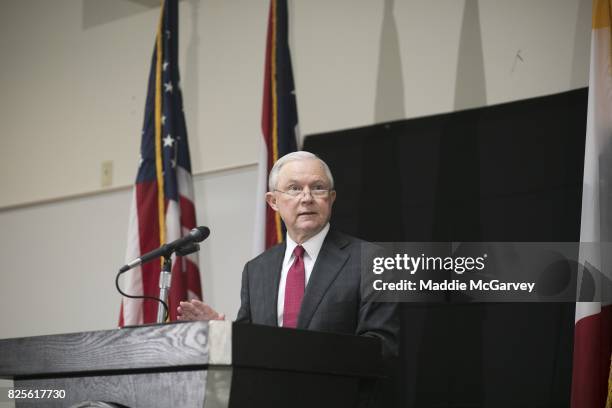 Attorney General Jeff Sessions talks about the opioid epidemic at The Columbus Police Academy on August 2, 2017 in Columbus, Ohio. Since taking...