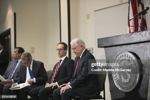 Attorney General Jeff Sessions sits before speaking on the opioid epidemic at The Columbus Police Academy on August 2, 2017 in Columbus, Ohio. Since...