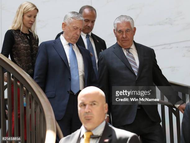 Secretary of Defense James Mattis and Secretary of State Rex Tillerson arrive for a closed briefing at the U.S. Capitol with the Senate Foreign...