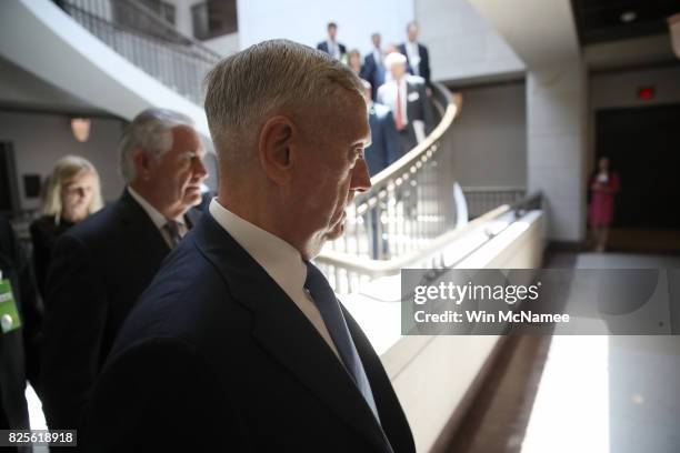 Secretary of Defense James Mattis and Secretary of State Rex Tillerson arrive for a closed briefing at the U.S. Capitol with the Senate Foreign...