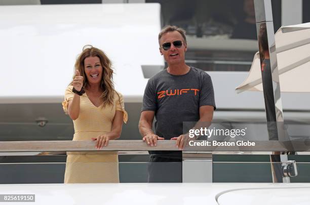 Ernesto Bertarelli and his wife, Kirsty on their superyacht, The Vava II, that is docked in Boston on Aug. 2, 2017.