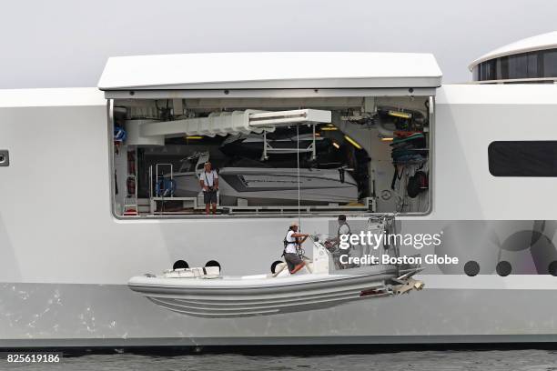 One of the tenders lifted into the water belonging to Ernesto Bertarelli and his wife, Kirsty on their superyacht, The Vava II, that is docked in...
