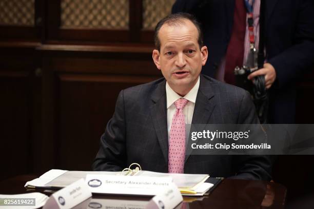 Labor Secretary Alex Acosta speaks during a listening session with military spouses in the Roosevelt Room at the White House August 2, 2017 in...