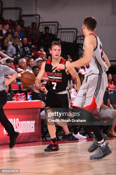 Brady Heslip of the Chicago Bulls dribbles the ball during the 2017 Summer League game against the Portland Trail Blazers on July 12, 2017 at the Cox...